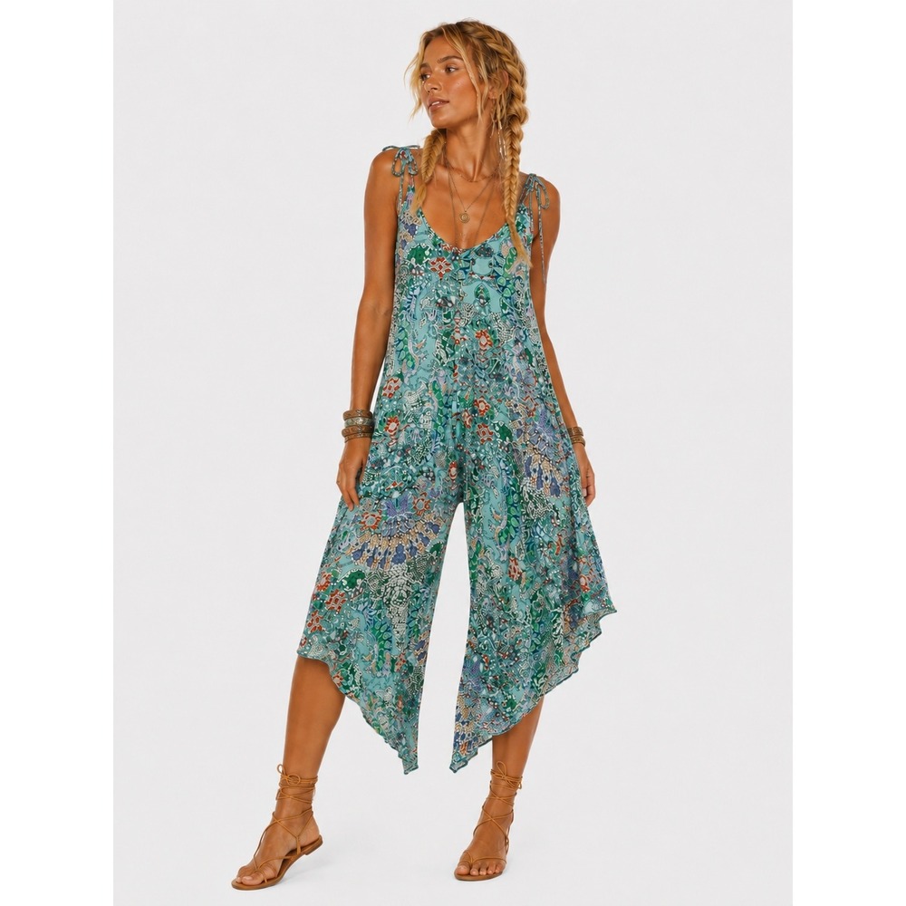 Lani California Blue Green Mosaic Boho Harem Jumpsuit Romper OS